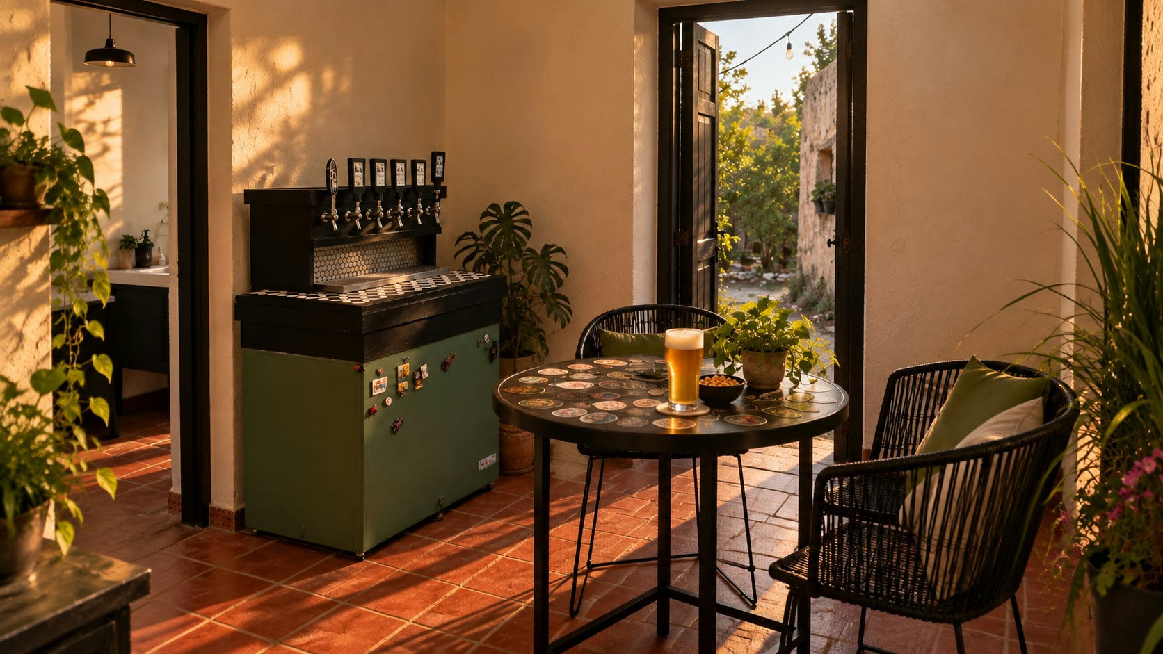 La barra de Cervecería Bravo al atardecer, con la llave de cinco grifos y una cerveza servida sobre la mesa.
