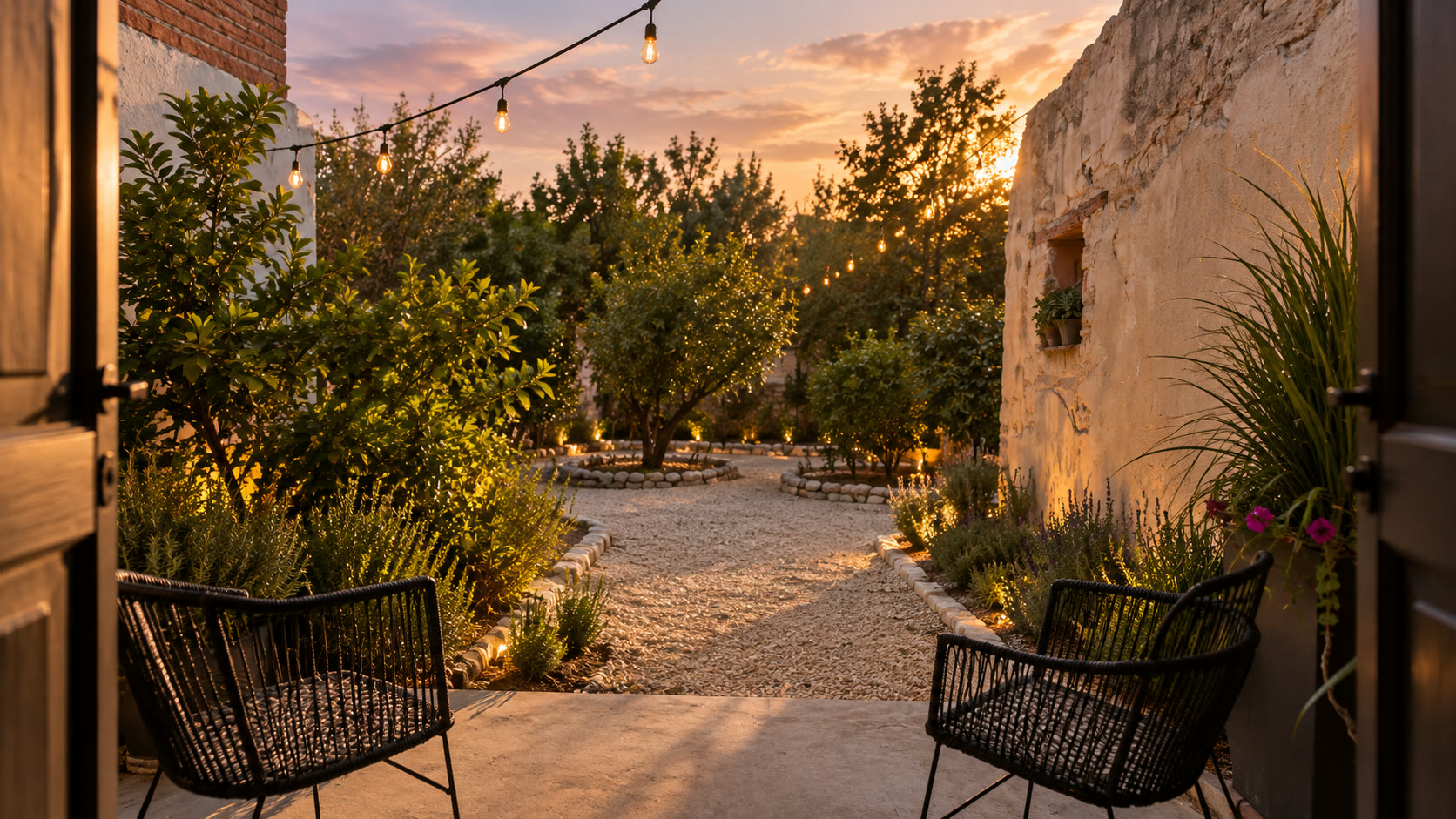 La Huerta al atardecer, con foquitos colgantes encendidos y dos sillas vacías esperando.